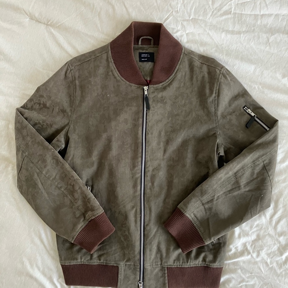 Men's Olive Suede Bomber Jacket with Brown Rib Trim